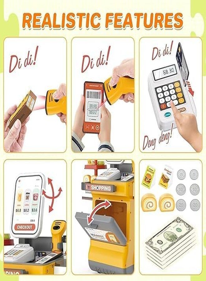 GEMCZA 48 Pcs Cash Register Playset ? Pretend Play Supermarket Toy with Scanner Lights Sounds Play Money & Food for Kids, Yellow - Image 5